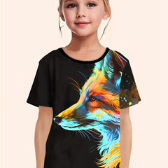 Tie Dye Fox Graphic Short Sleeve T shirt Girls Summer Tops