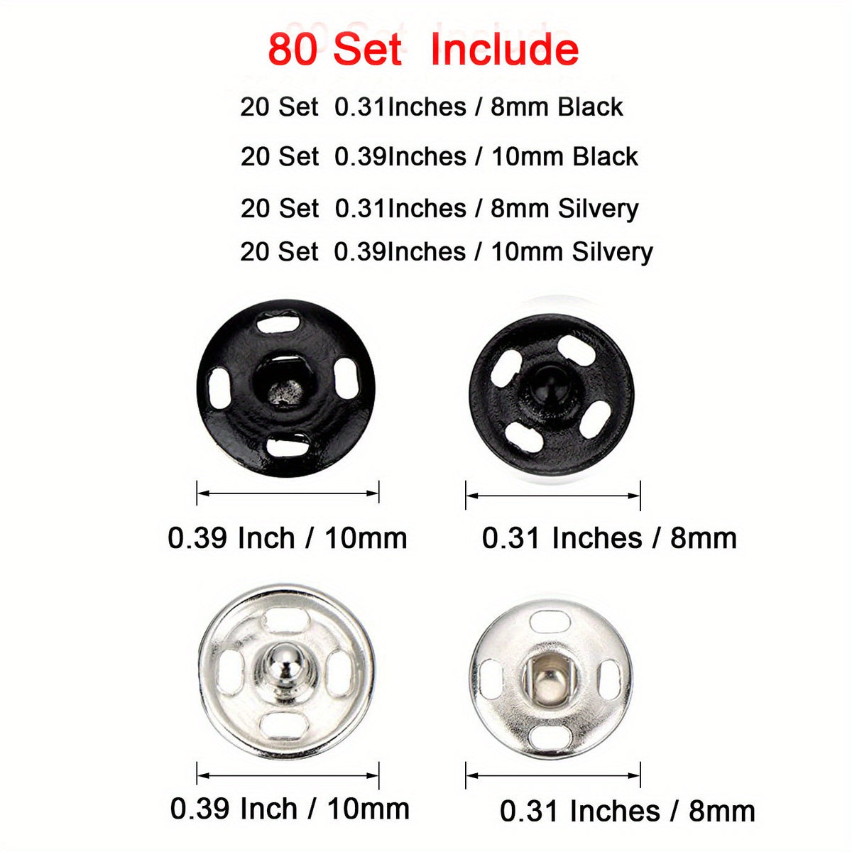 80pcs Silvery Sew on Snap Buttons 0.99cm Metal Fastener Buttons Press Button