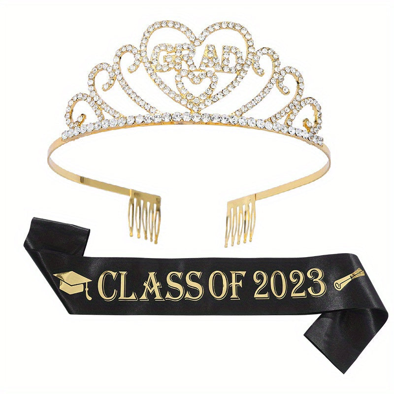 Rhinestone Alloy Tiara Graduation Crown With Belt Senior Year Gift