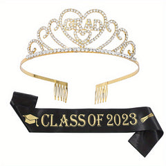 Rhinestone Alloy Tiara Graduation Crown With Belt Senior Year Gift