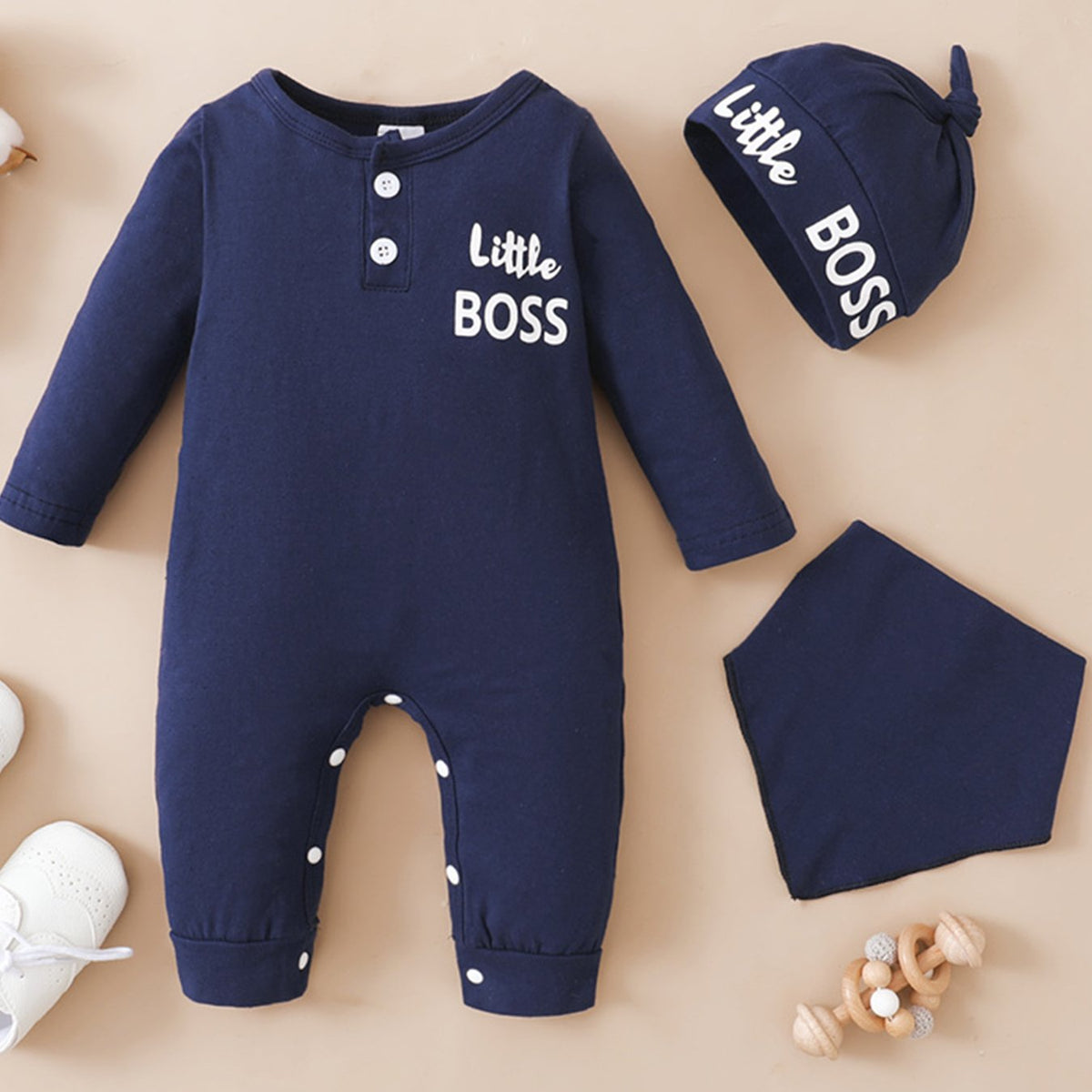 Baby Boys Long Sleeve Jumpsuit Bib & Hat Set