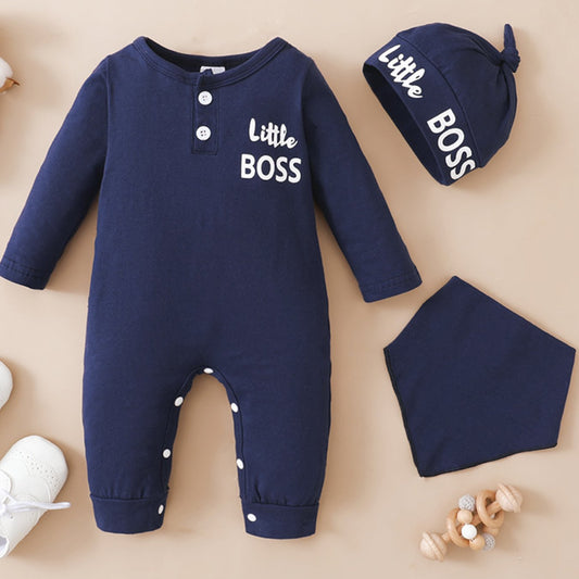 Baby Boys Long Sleeve Jumpsuit Bib & Hat Set
