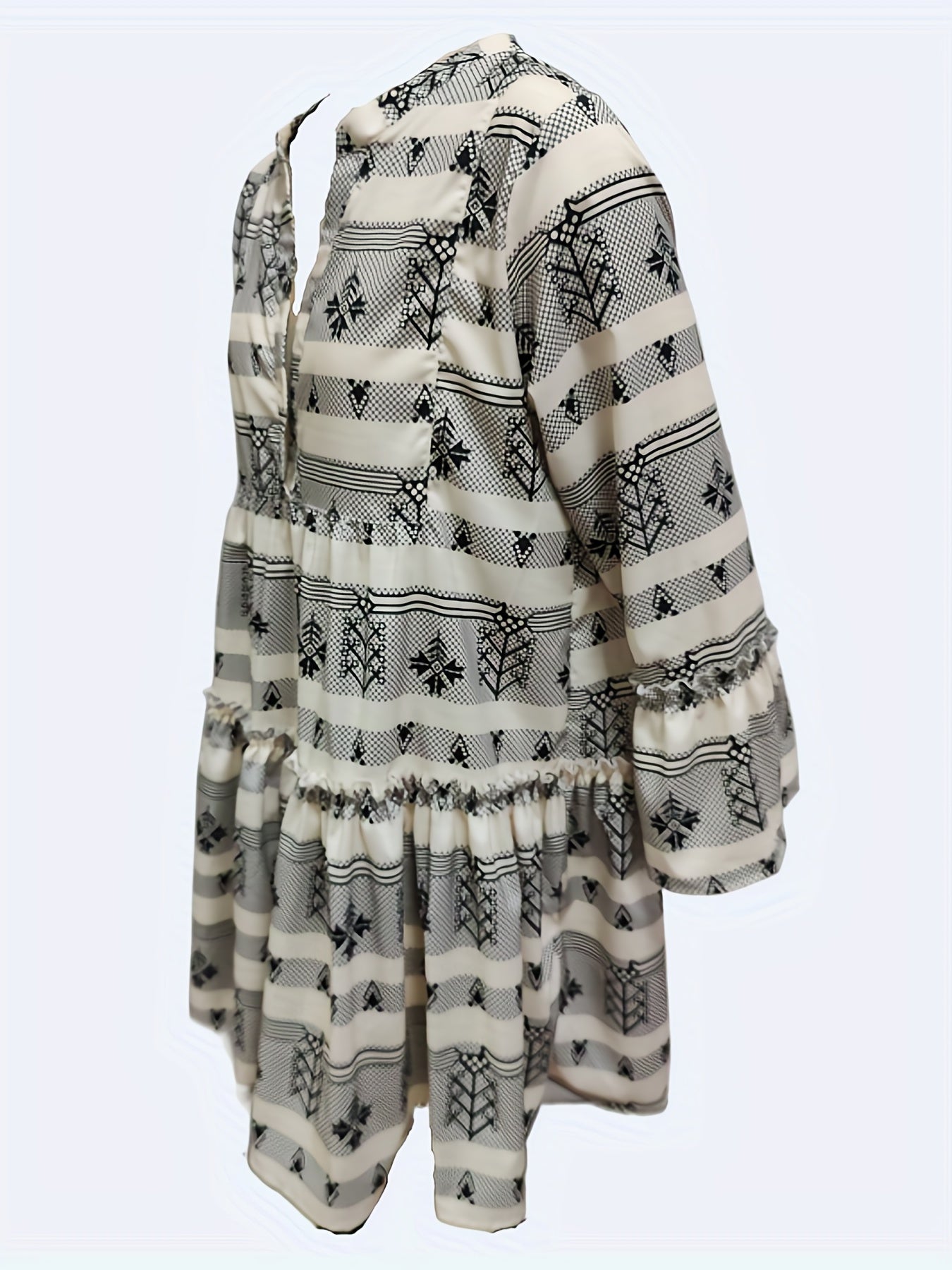  Geometric Print Boho Dress Bell Sleeve Mock Neck Smock Dre