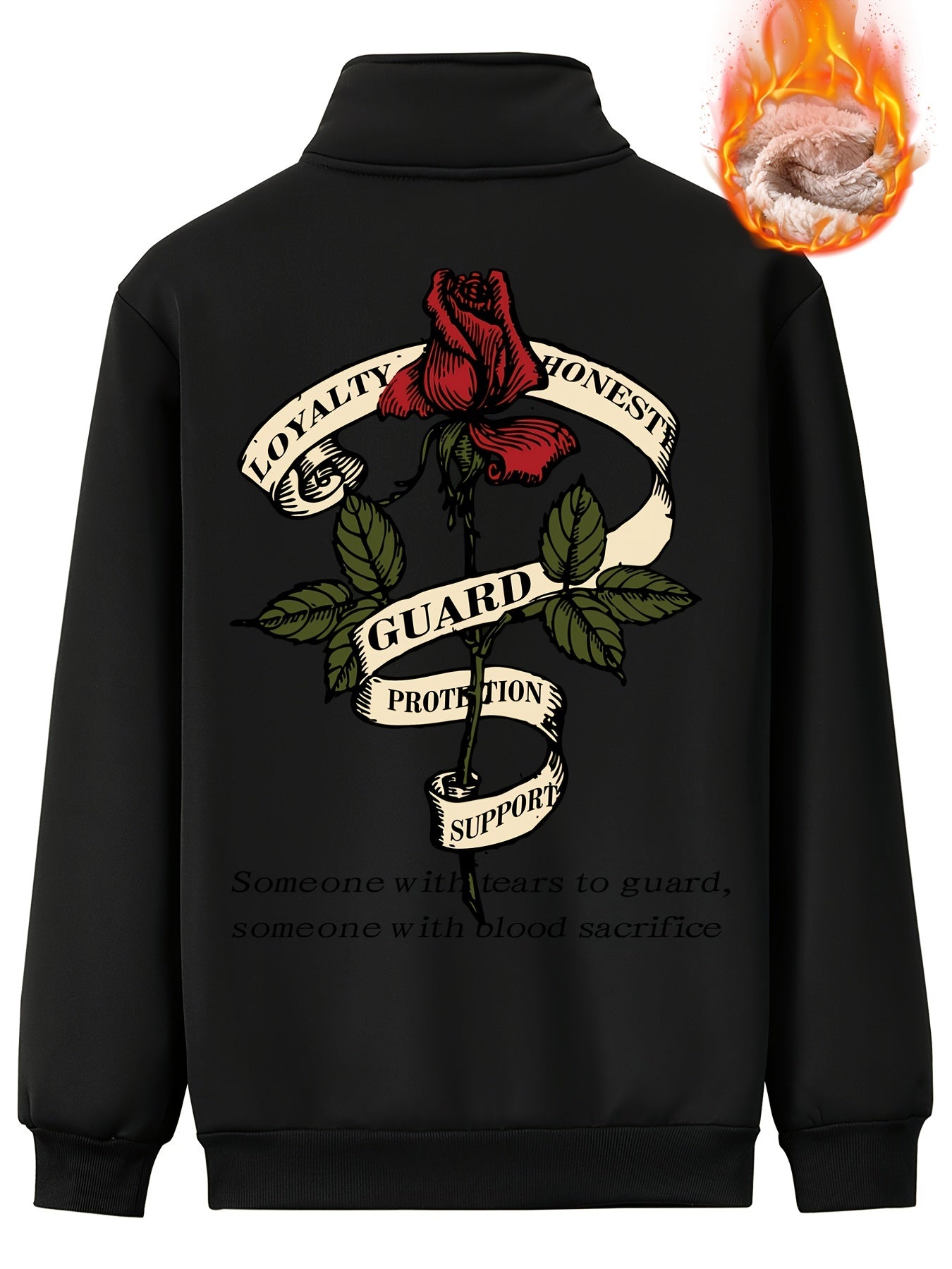 Men's Rose Print Fleece Zip Up Jacket Thermal Outerwear For Winter