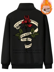 Men's Rose Print Fleece Zip Up Jacket Thermal Outerwear For Winter