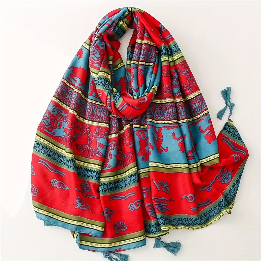 Horses Printed Scarf Retro Striped Fringed Shawl Long Sunscreen Bandana