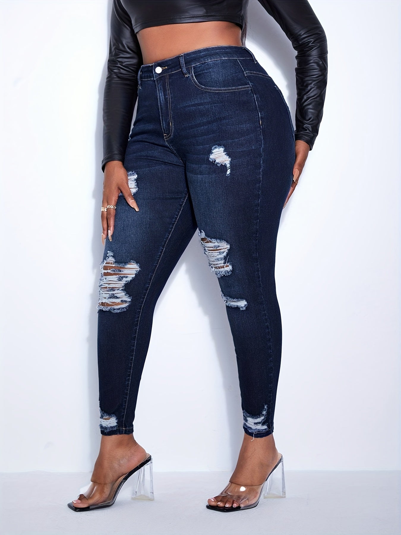  Retro Jeans Women's Plus Ripped Skinny Stretch Washed Jeans