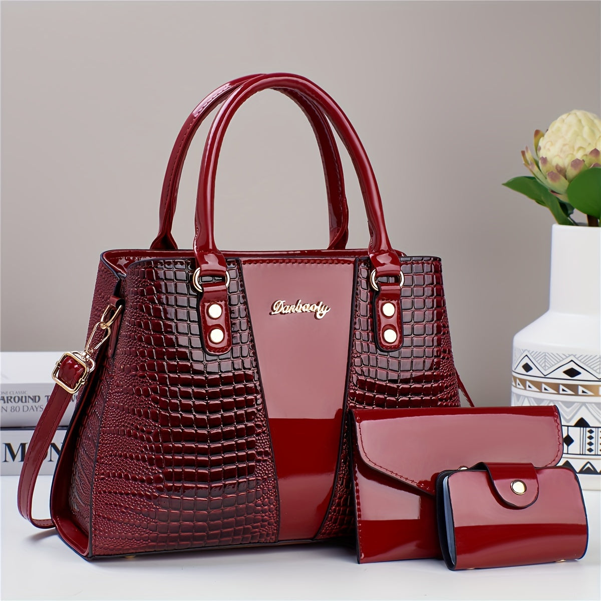 Crocodile Embossed 3pcs Handbag Set: Tote, Crossbody Bag & Card Holder