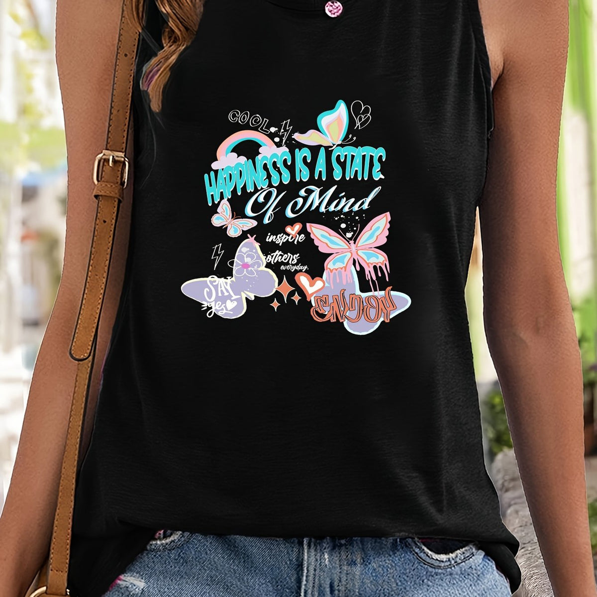Butterfly & Letter Print Sleeveless Sports Vest Round Neck Stretchy Casual Tops