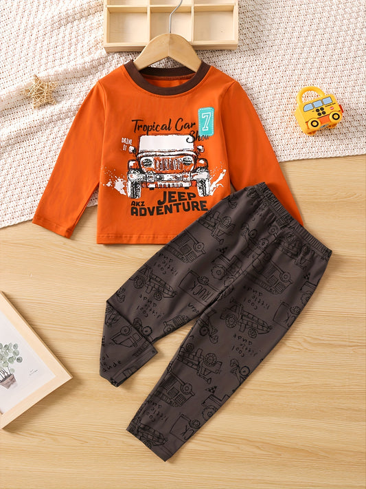 Boys 2pcs Pajamas Long Sleeve Top & Pants TROPICAL CAR ADVENTURE Print Set