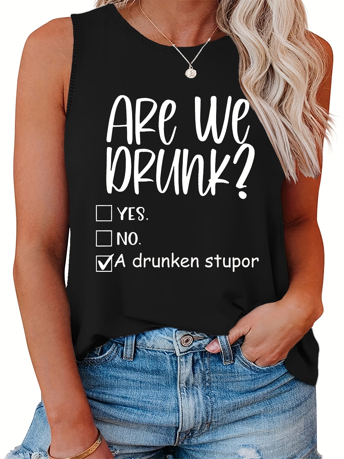  Casual Tank Top Women's Plus Slogan Print Round Neck Tank Top