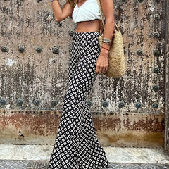  Boho Flared Leg Trousers, Argyle Print, High Rise