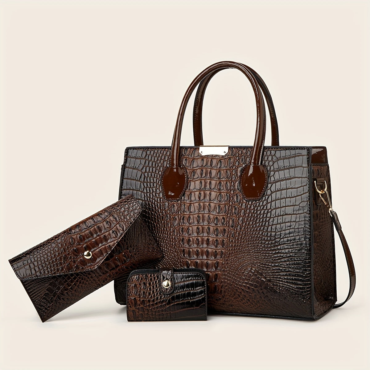 3 Piece Crocodile Pattern Tote Bag Set for Women