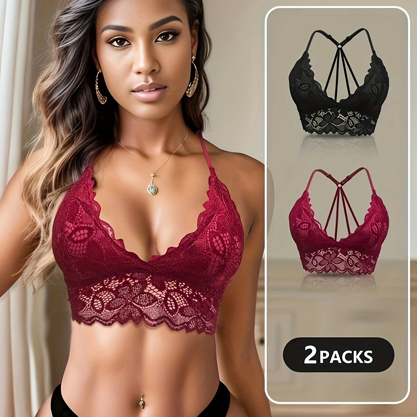 2pcs Lace Wireless Bras Floral Scallop Trim Comfy Women's Lingerie