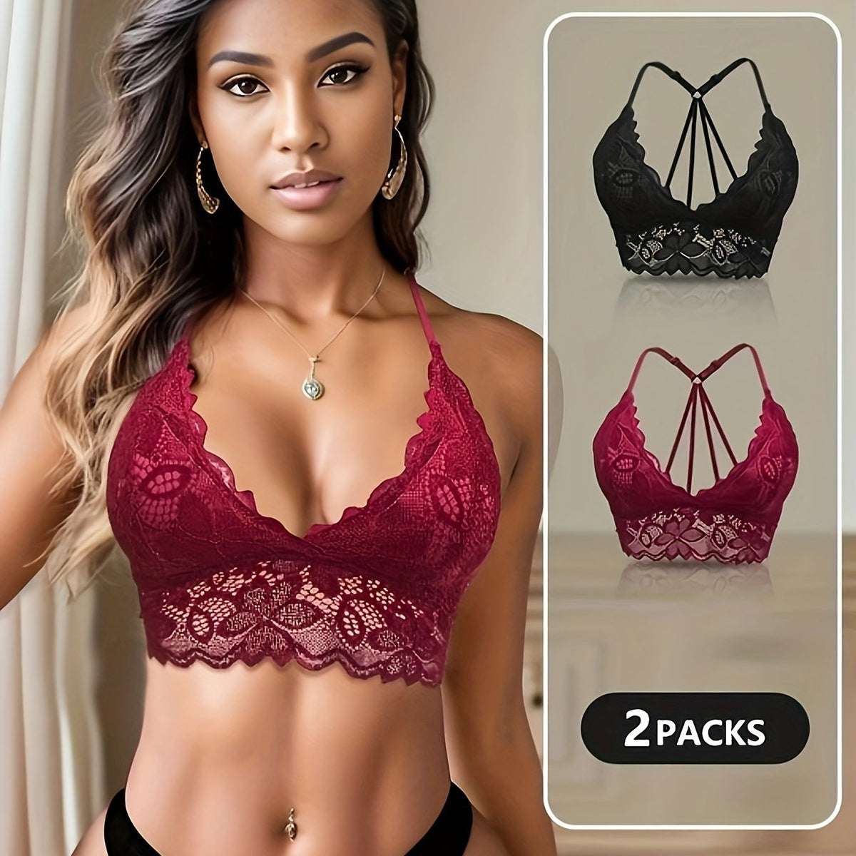 2pcs Lace Wireless Bras Floral Scallop Trim Comfy Women's Lingerie
