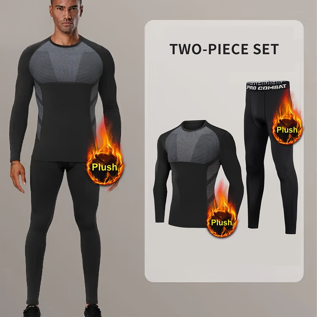 Men's Warm Fleece Underwear Set Sports Fitness Base Layer Long Sleeve Top & Pant