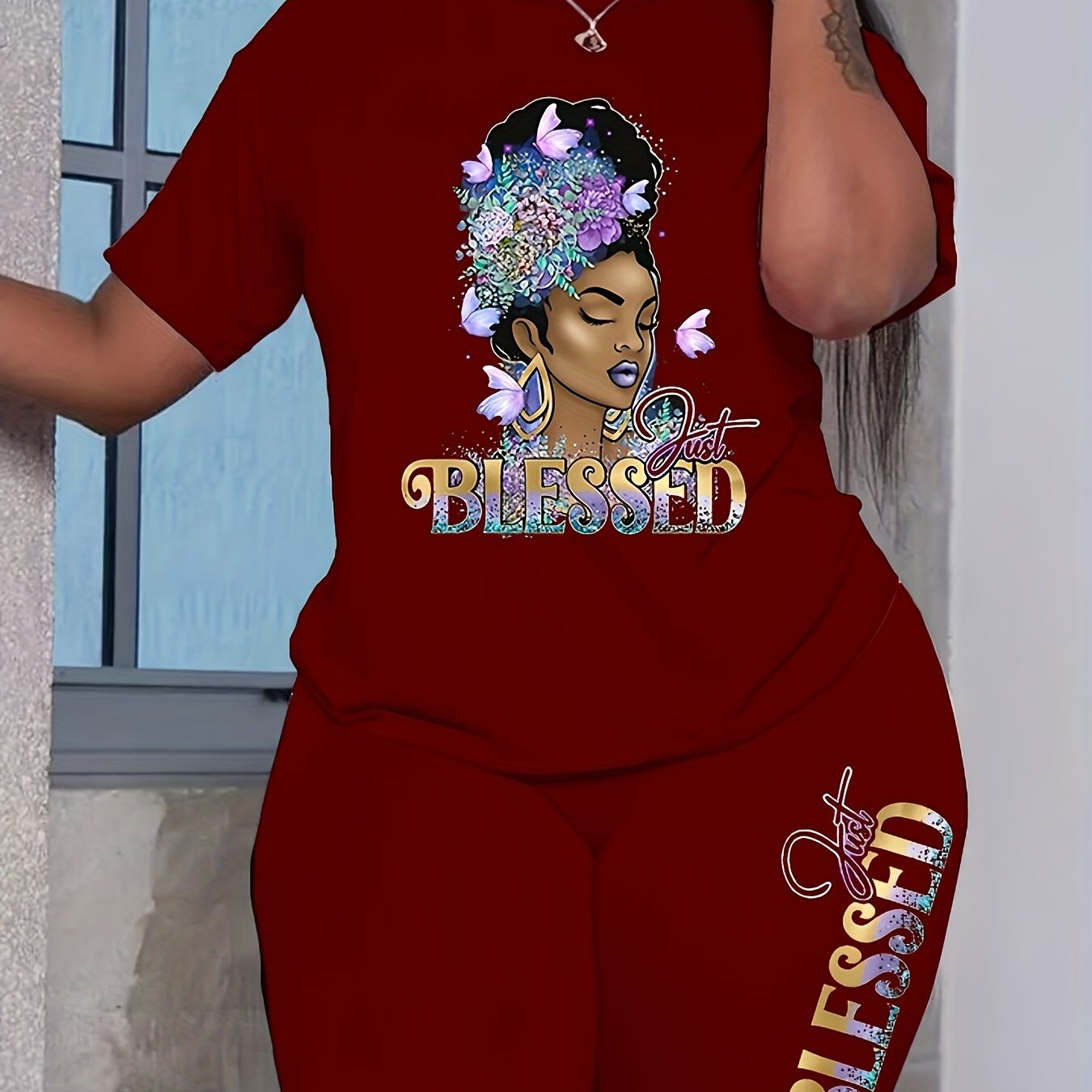 Blessed Girl Print 2 Pieces Set Crew Neck Short Sleeve T-shirt & Bodycon Shorts