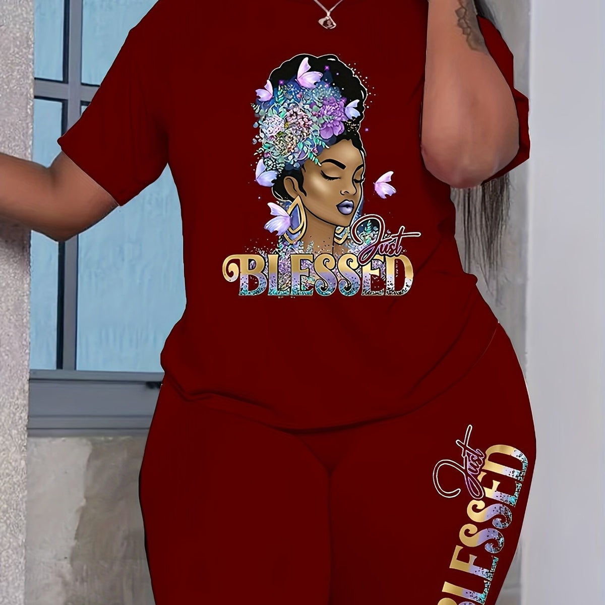 Blessed Girl Print 2 Pieces Set Crew Neck Short Sleeve T-shirt & Bodycon Shorts