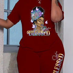 Blessed Girl Print 2 Pieces Set Crew Neck Short Sleeve T-shirt & Bodycon Shorts
