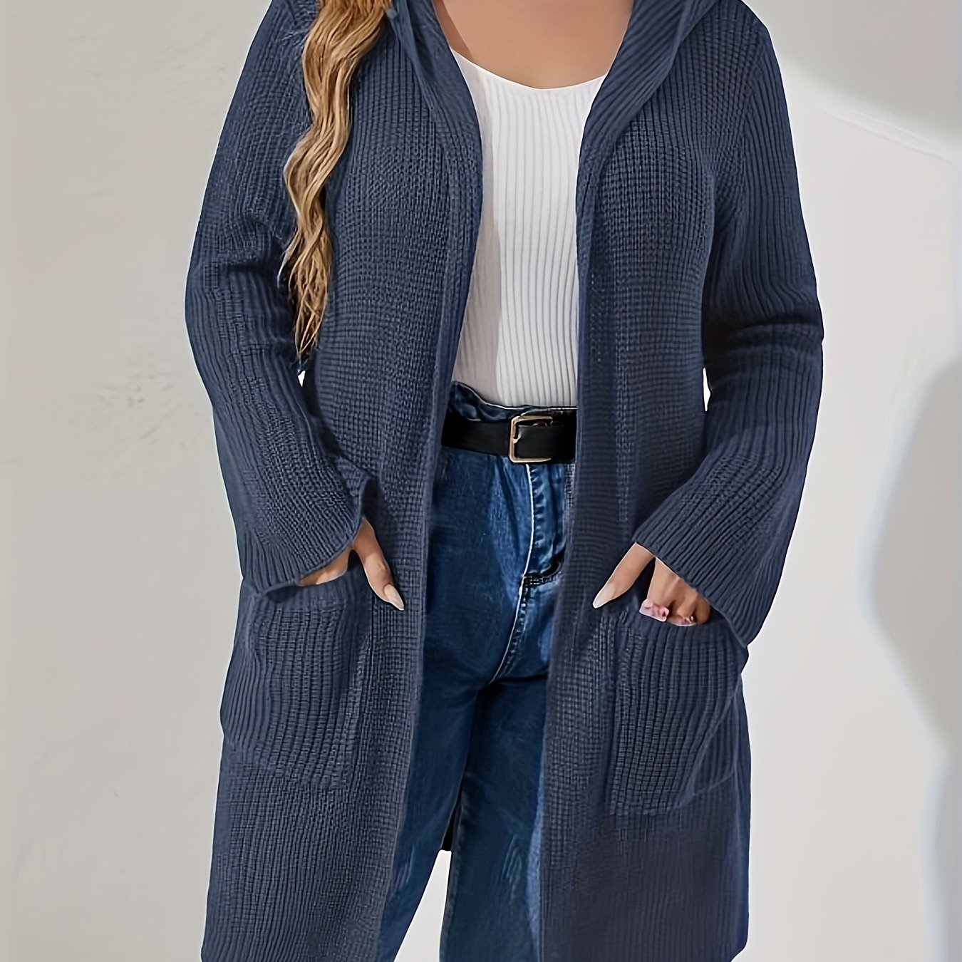  Solid Long Sleeve Hooded Cardigan With Pockets