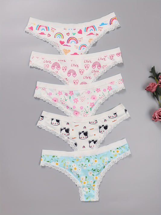 5 Pack Plus Size Panties Set Women's Plus Cat & Heart & Daisy Print