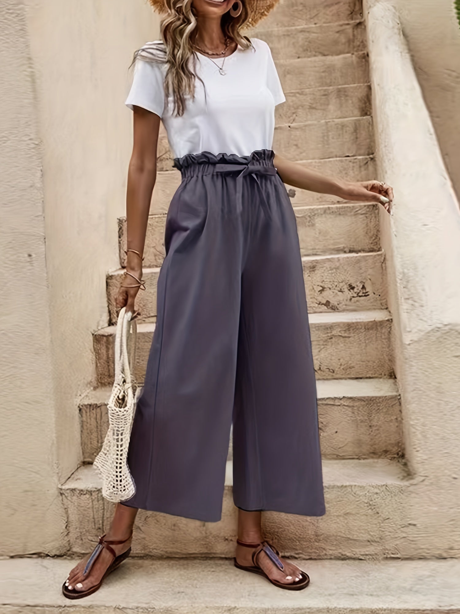 Women's Plus Solid Elastic Drawstring Wide Leg Trousers