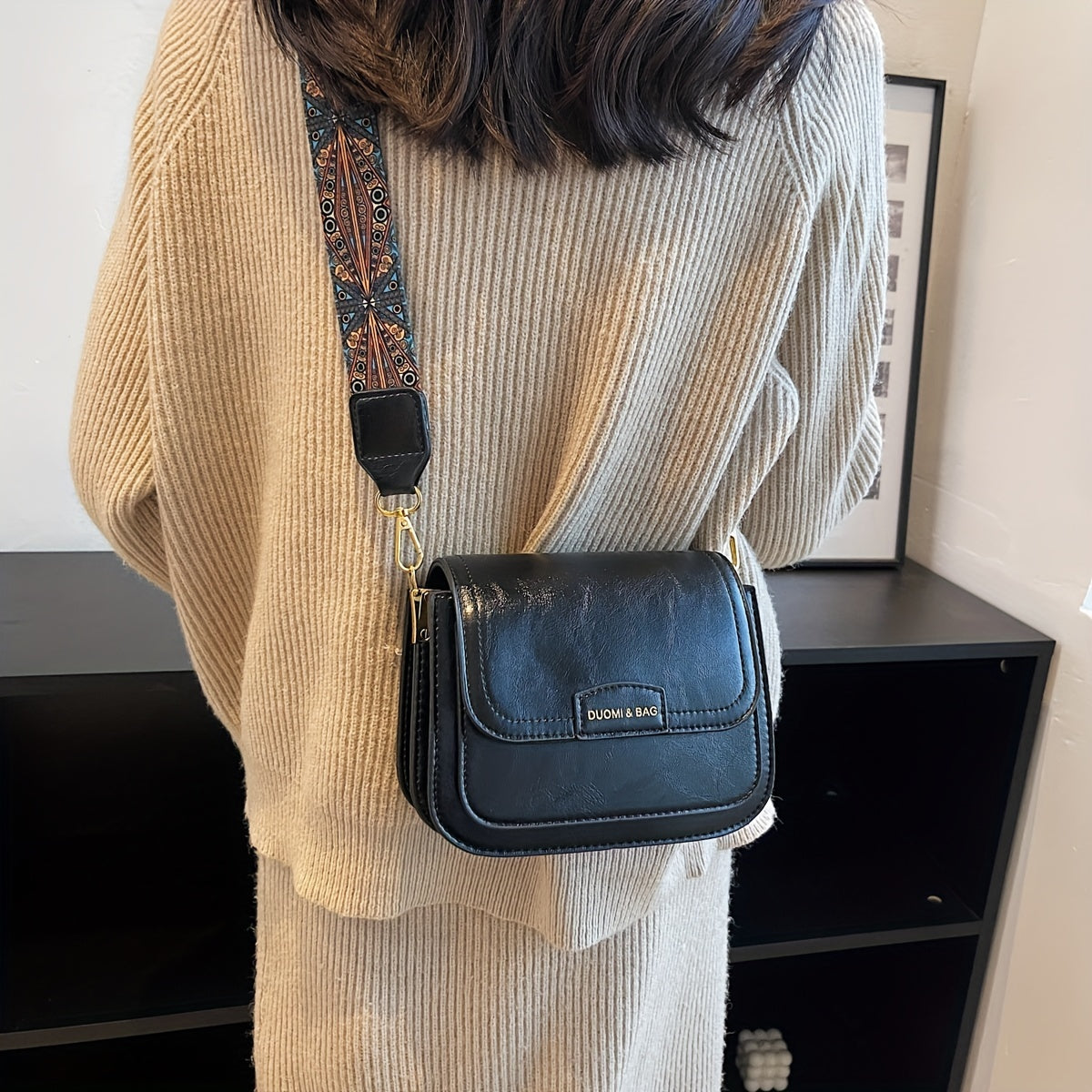 Vintage Pattern Crossbody Bag with Wide Strap