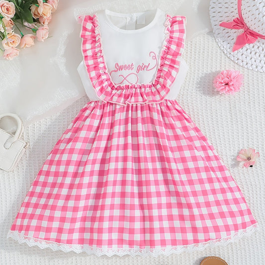 Girls Sleeveless Plaid Dress with Letter Embroidery