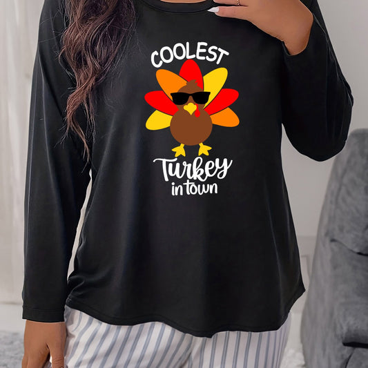  Women's Casual Loungewear Top - Turkey Print Round Neck Pajama Top