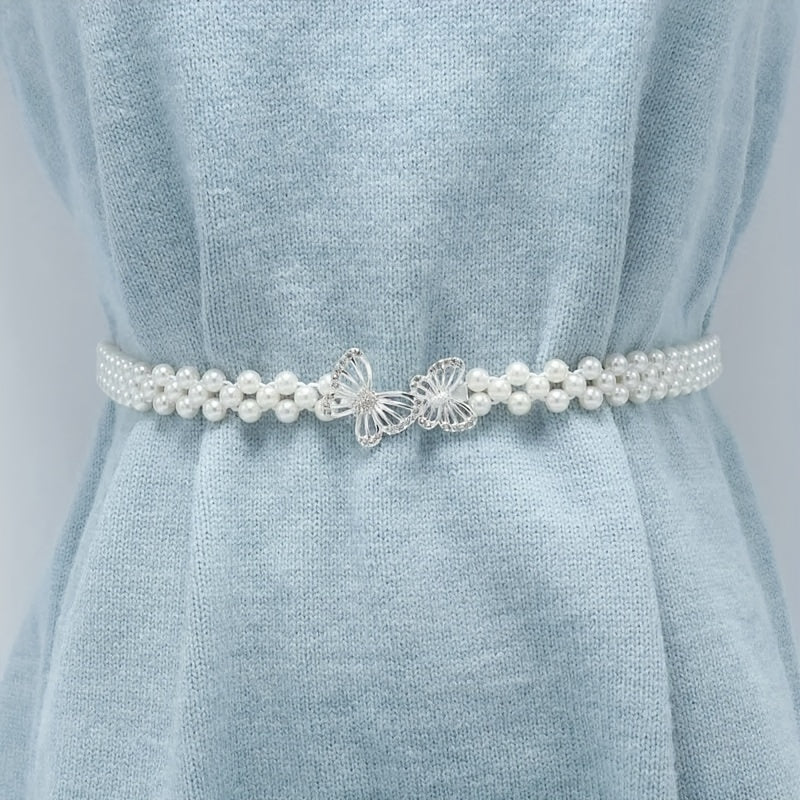 Butterfly Waist Chain Bowknot Faux Pearl Belt Elastic Women's Waist Chain