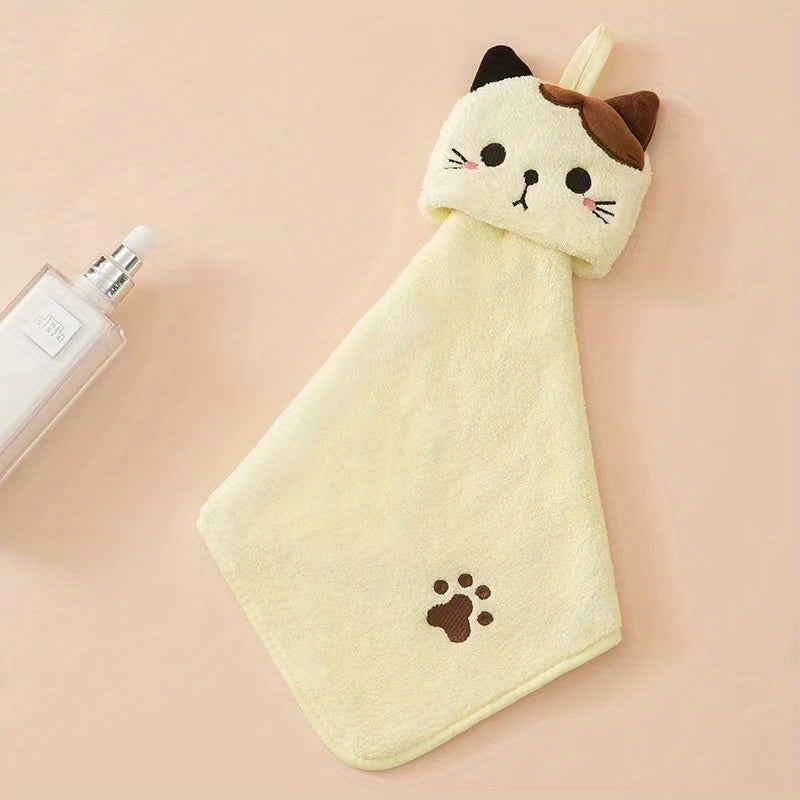 Cartoon Cat Hand Towel Soft Coral Fleece Pocket Towel for Bathroom and Kitchen