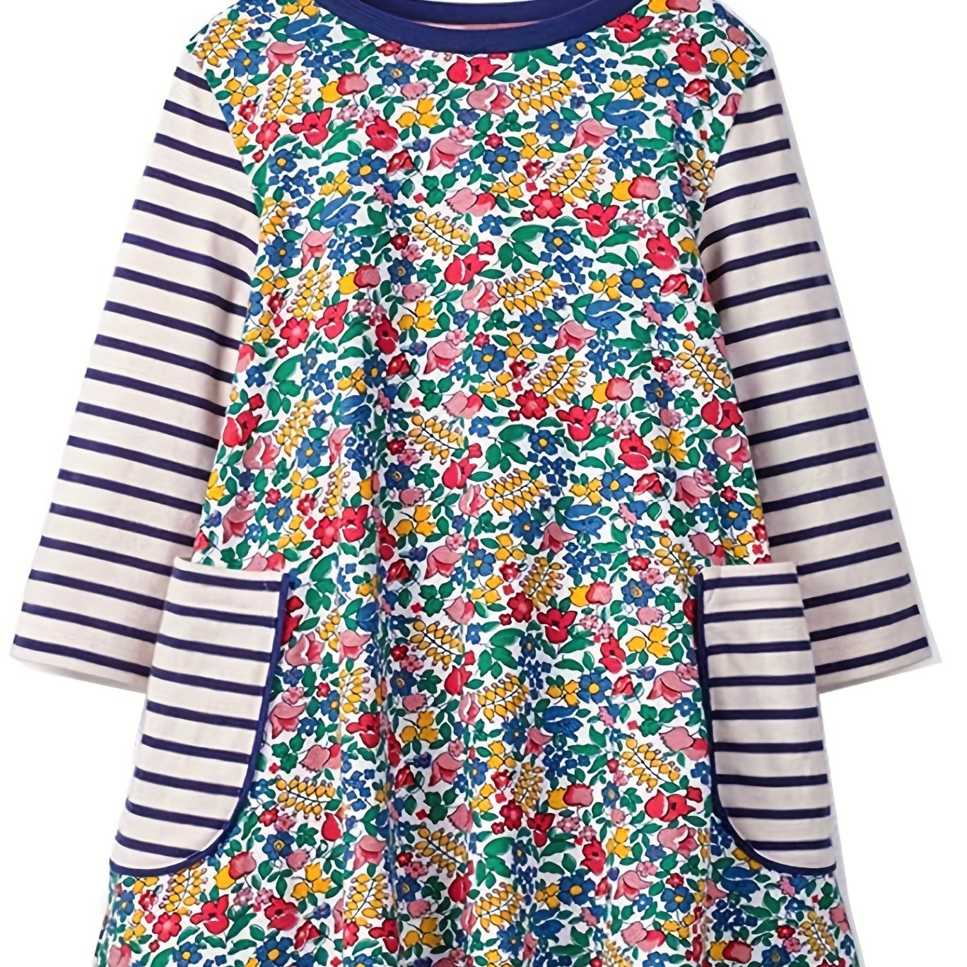 Kid Girls' Stripes Floral Long Sleeve Cotton Dress With Pockets