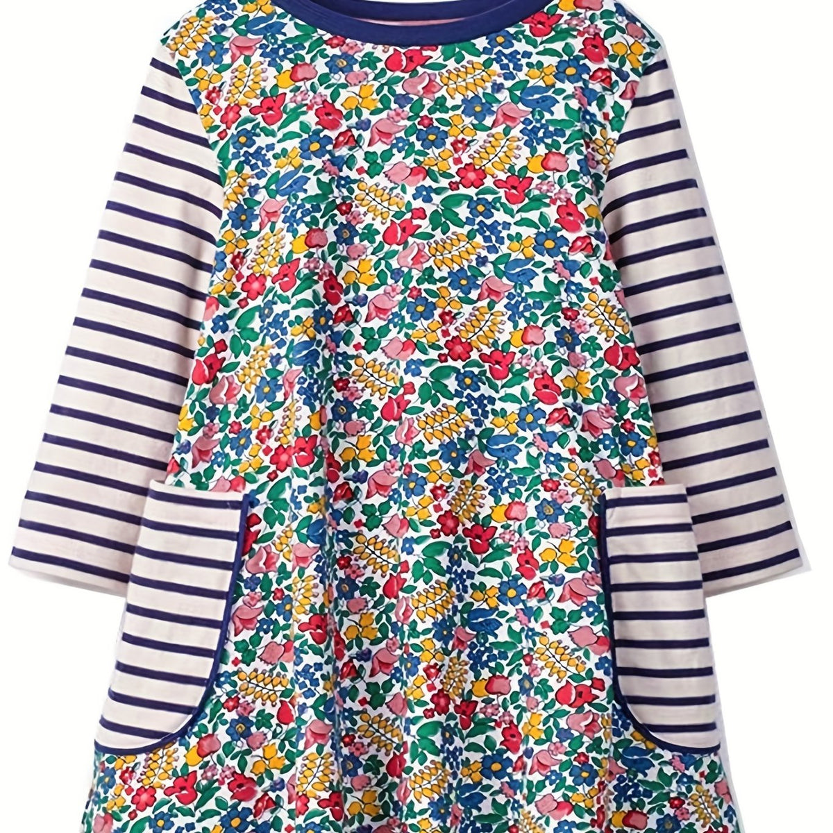 Kid Girls' Stripes Floral Long Sleeve Cotton Dress With Pockets