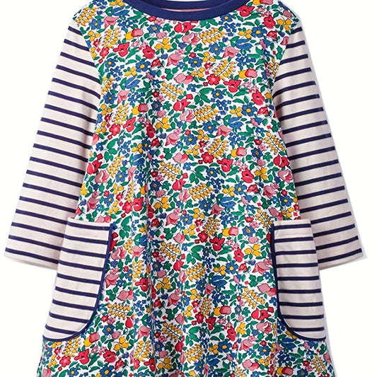 Kid Girls' Stripes Floral Long Sleeve Cotton Dress With Pockets