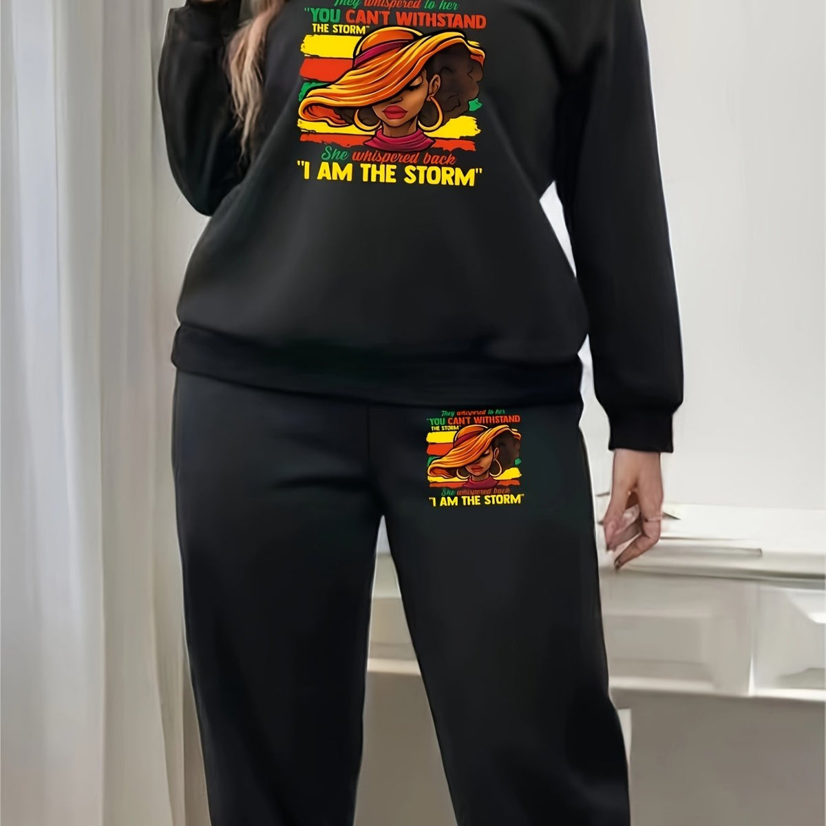 Women's Plus Cartoon Figure Print Fleece Top & Joggers Set