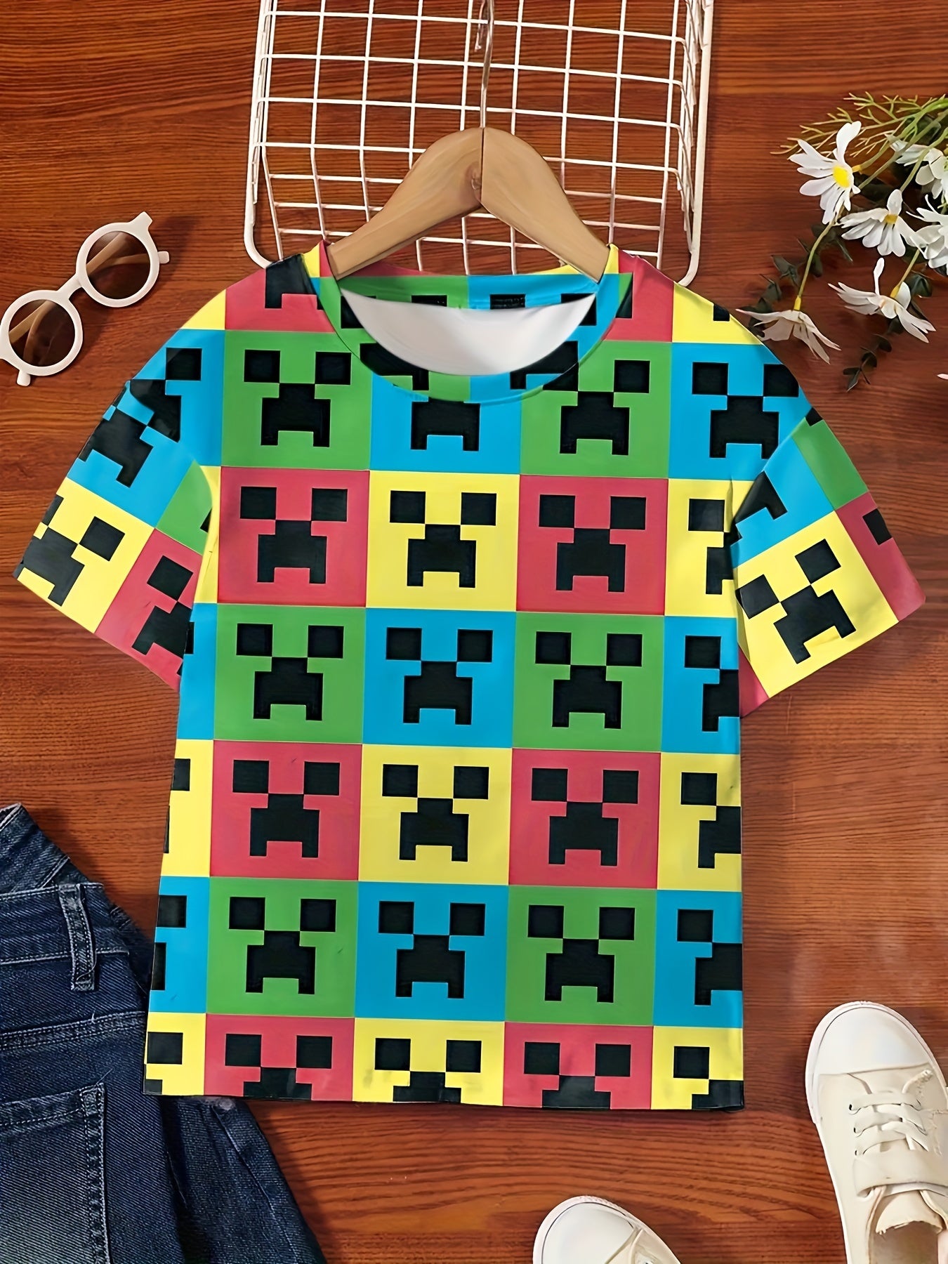 Colorful Monster Blocks Graphic Short Sleeve T shirt For Girls