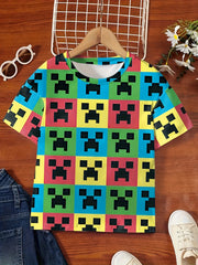 Colorful Monster Blocks Graphic Short Sleeve T shirt For Girls