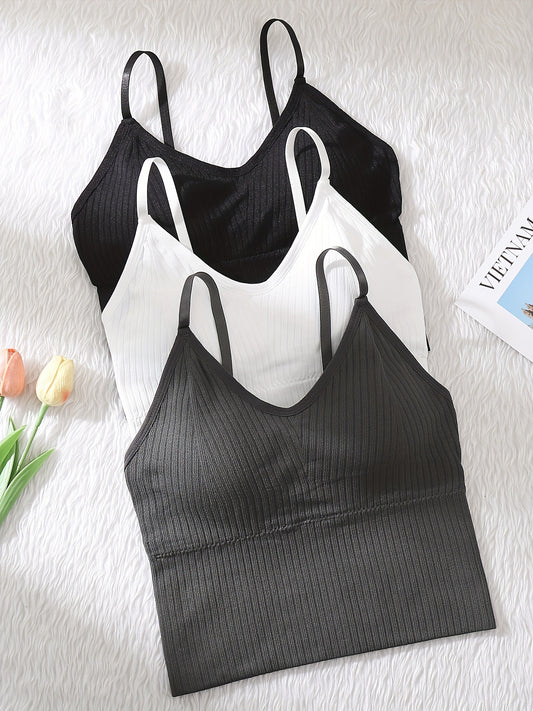 3pcs Ribbed Cami Tops V Neck Sleeveless Casual & Comfy