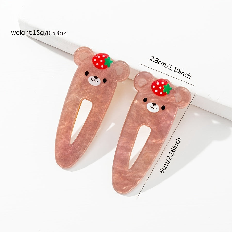 2pcs Bear Strawberry Hair Clip Cartoon Animal Fruit Hair Accessories