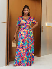  Flower Print High Waist Wrap Maxi Dress