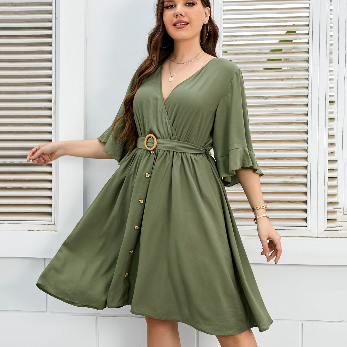  V Neck Dress with Belt Women's Plus Slim Fit Dress