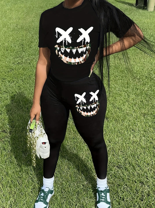 Cartoon Print Tee & Leggings Set for Women