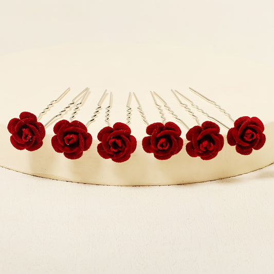 Rose Flower Hair Clips Wedding Bridal Barrette Set of 6