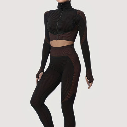 Yoga Crop Top & Leggings Set, Long Sleeve Zipper Workout, High Waist