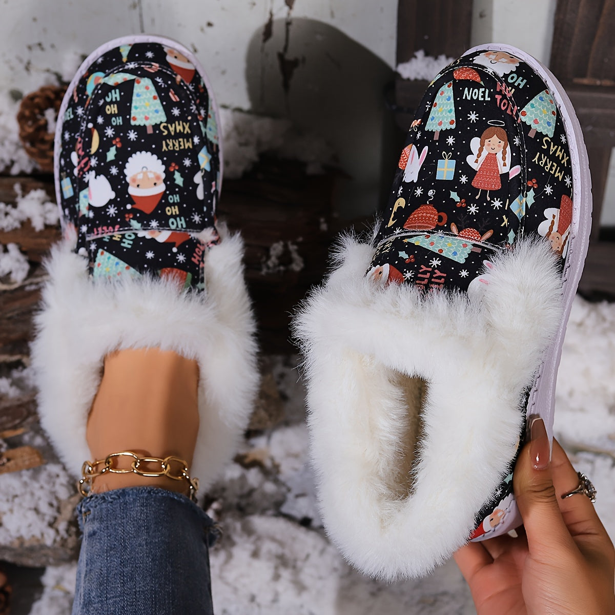 Women's Faux Fur Lined Winter Boat Shoes Christmas Pattern