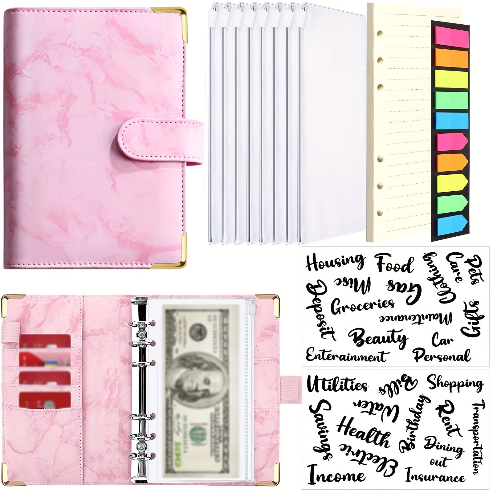 Marble A6 Budget Binder with 8 Cash Envelopes & More