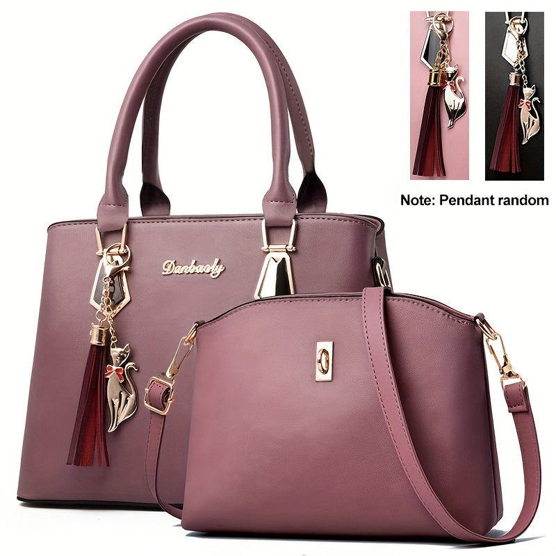 2pcs Tassel Decor Handbag & Crossbody Bag Set Women's Office & Work Purse