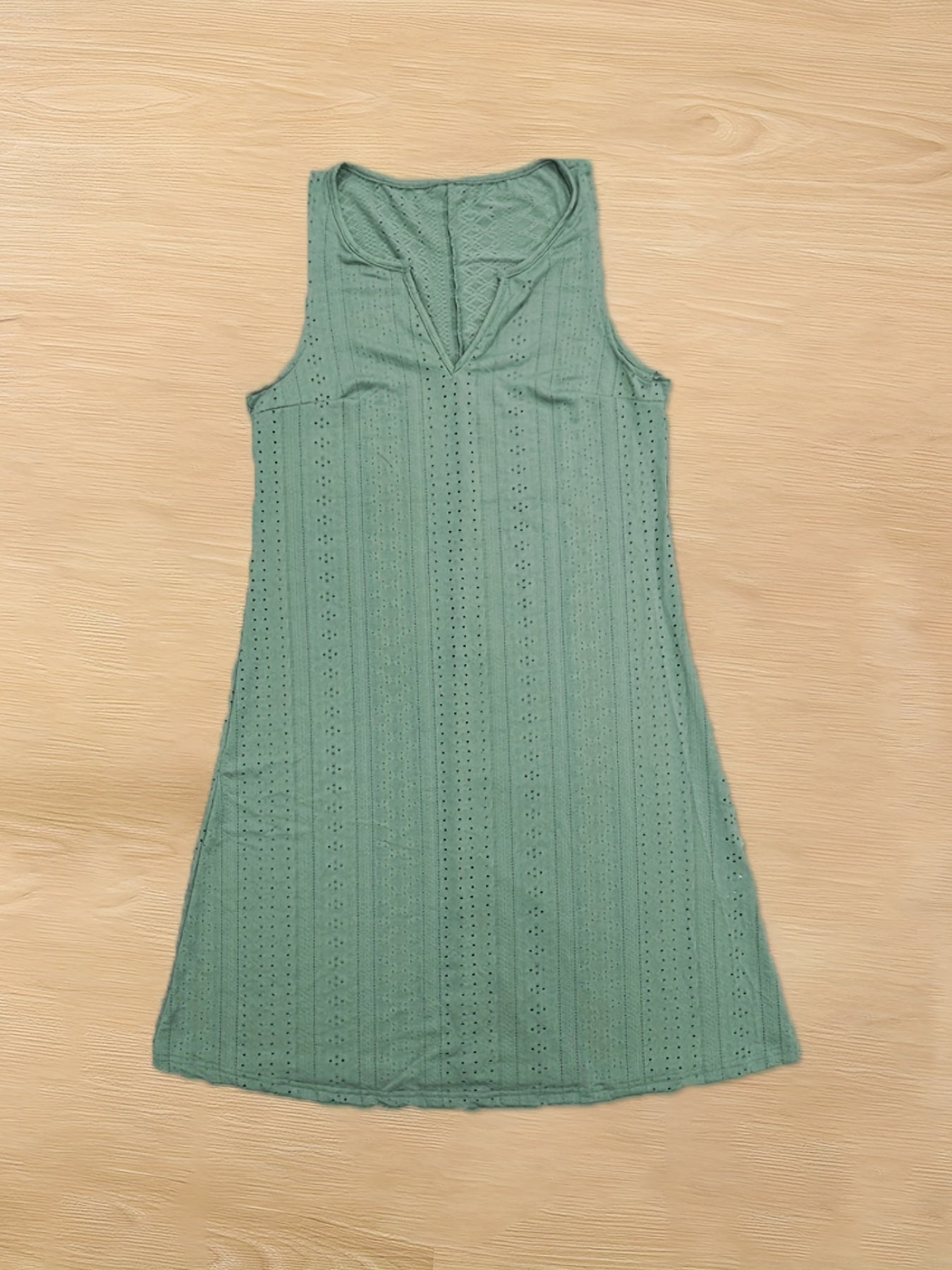  Solid Eyelet Embroidered Notched Neck Tank Dress