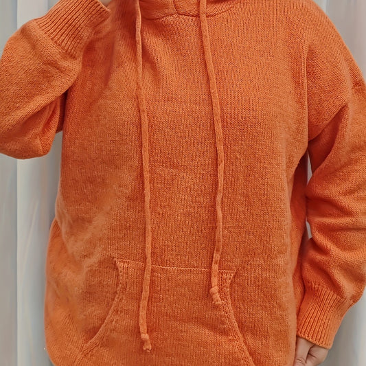 Plus Size Solid Hooded Drawstring Sweater With Pockets