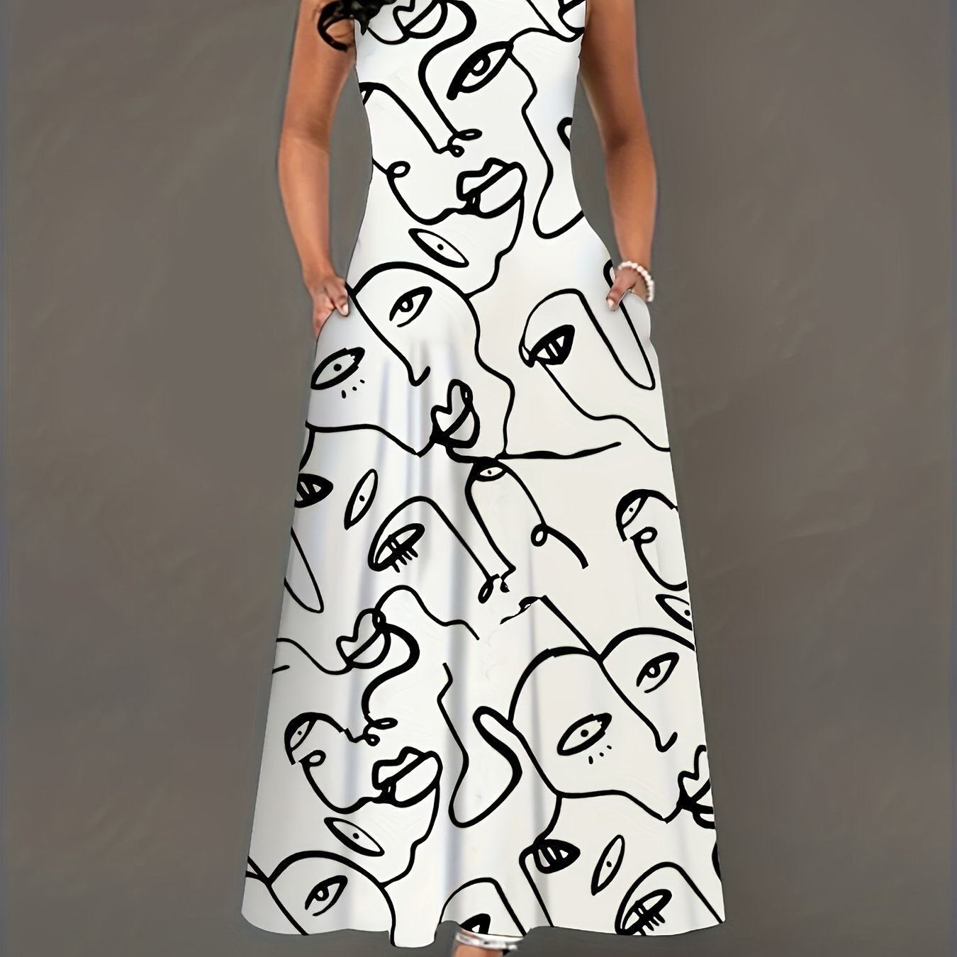 Abstract Figure Print Maxi Tank Dress With Pockets